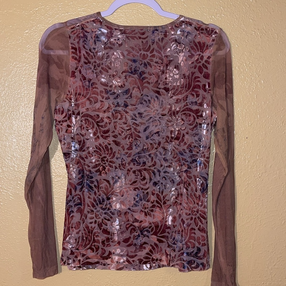 Sheer Long-Sleeve Floral Burnout Top - Beige